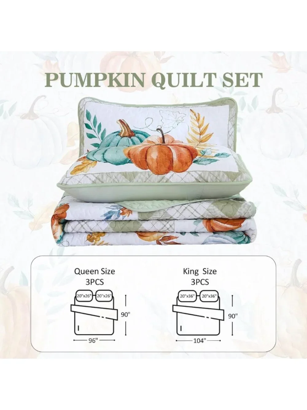 Cozy Fall Quilt Set Queen, Pumpkin Patchwork Bedspread, Sage Green Home Decor